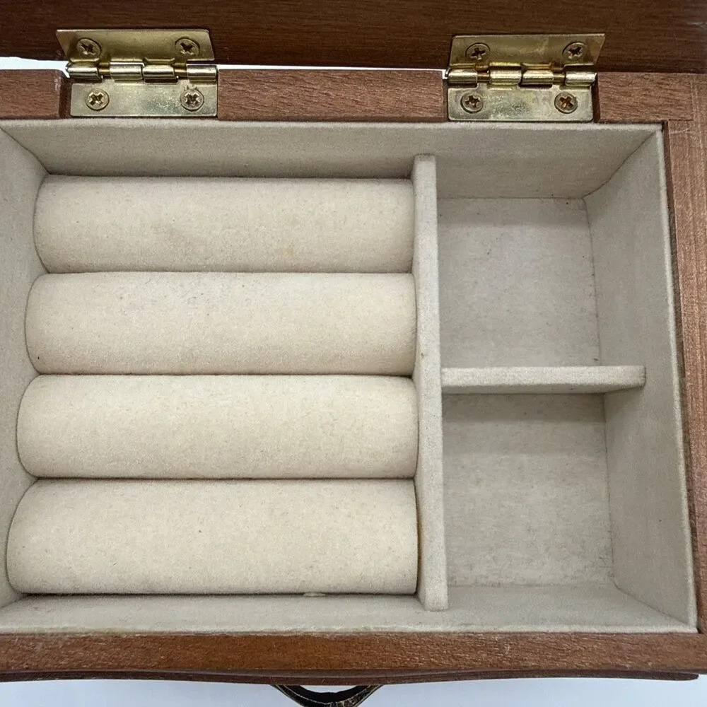 Vintage Wooden Mini Jewelry Box Drawer Flip Top Storage Felt Lined